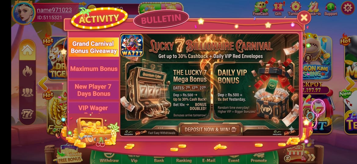 WA777 Game Lobby & Dashboard Interface